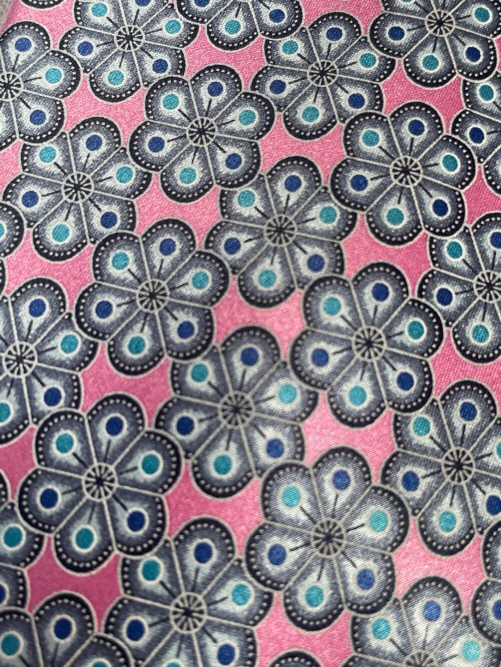 Zegna Geometric Blue Flowers on Pink background Silk Tie (one tie only)